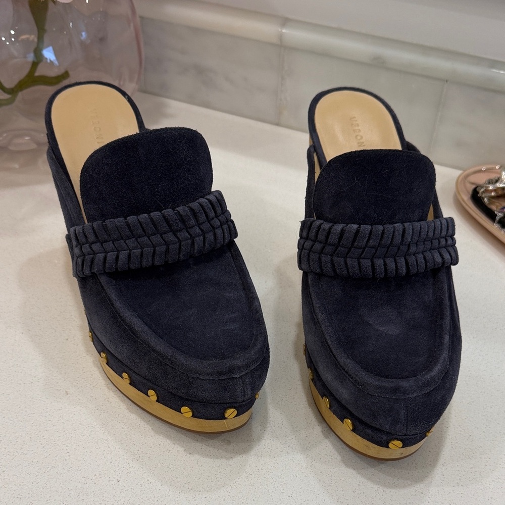 Veronica Beard Navy Suede Mules with Gold Accents - Picture 1 of 11